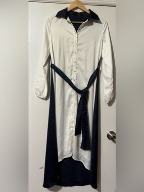 EDERA White and Navy Contrast Maxi Shirt Dress with Tie Waist